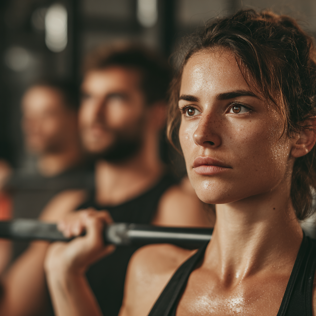 Hungarian fitness enthusiasts of various ages exercising together in a modern gym environment